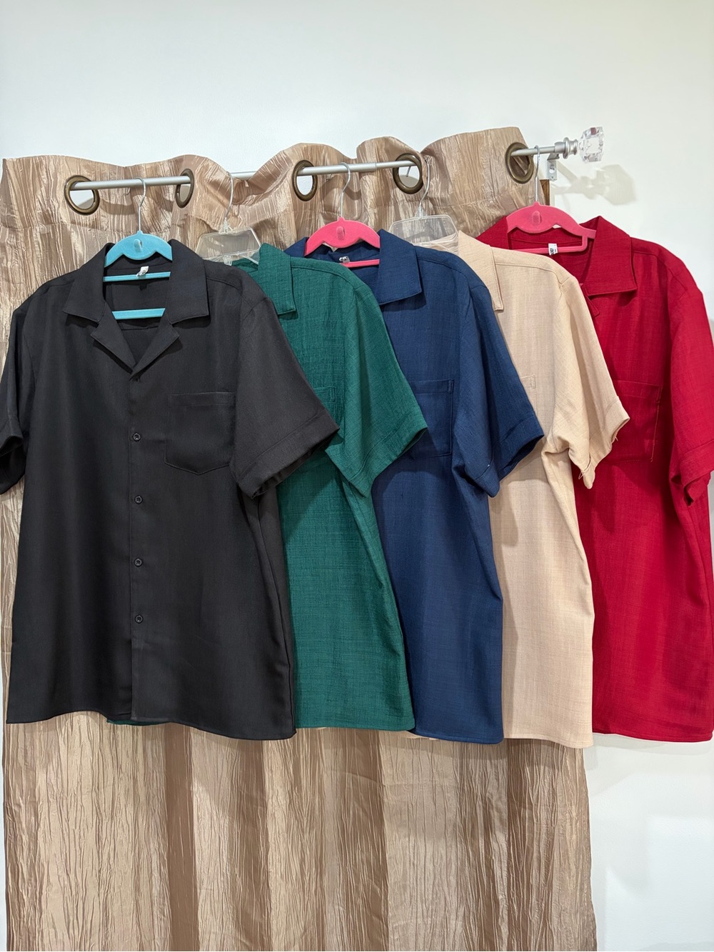 5 Mens Short-Sleeve Button-Down Shirts - Black, Green, Blue, Cream, & Red